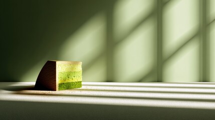 Aufkleber - Minimalist Matcha Cake Showcasing Layers in Soft Light With Abstract Shadows at a Serene Dessert Setting