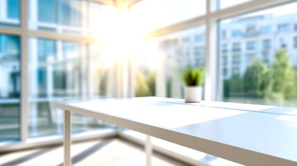 Aufkleber - Bright and airy office interior featuring a minimalist white table bathed in sunlight streaming through large windows : Generative AI
