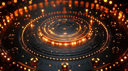 Wall Mural - glowing, circular tech design with bright orange lights