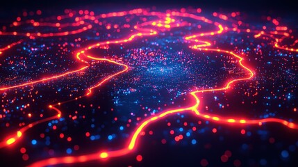 Wall Mural - glowing red lines on blue data field