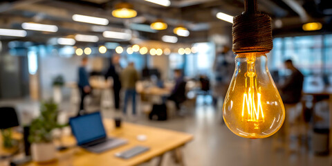 Aufkleber - Vintage light bulb lit in a modern office workspace setting with blurred colleagues working in the background : Generative AI