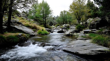 Aufkleber - Serene river flowing through a lush green forest creating a beautiful natural landscape : Generative AI