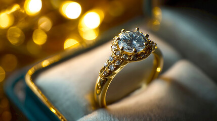 Aufkleber - Elegant diamond engagement ring presented in a beautiful velvet box with golden bokeh in the background : Generative AI