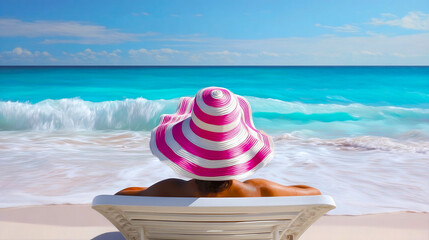 Poster - Tropical Beach Scene with a Relaxed Woman in a Pink Striped Hat Enjoying Sunny Ocean View : Generative AI