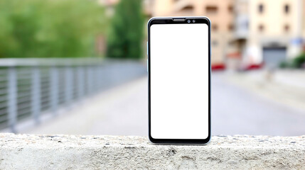 Poster - Blank smartphone display on a ledge with a soft blurred urban background for mockup purposes : Generative AI