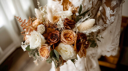 Poster - Beautiful bridal bouquet featuring elegant roses and delicate dried flowers : Generative AI
