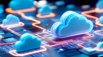 Fototapete - Futuristic Cloud Computing Concept with Abstract Digital Network and Data Flow : Generative AI