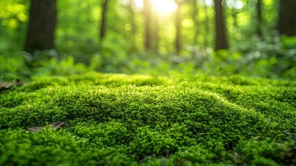 Wall Mural - Mossy forest floor illuminated by sunlight