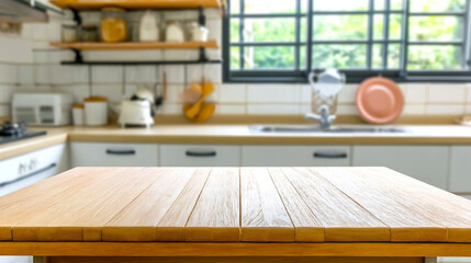 Poster - Modern Kitchen Interior Featuring a Sleek Wooden Table and Bright Natural Light from Windows : Generative AI