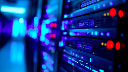 Aufkleber - Hightech server room with blue lights showcasing advanced data storage technology and connectivity : Generative AI