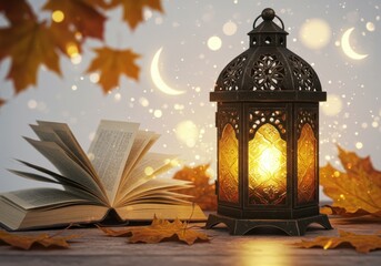 Wall Mural - Lantern and book with leaves isolated on white background