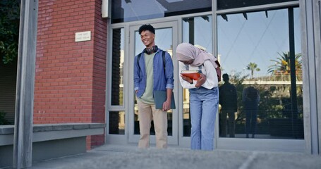 Poster - Happy students, friends and laughing with book at campus for education, learning or joke together. Young man, woman or interracial learners enjoying chat, social conversation or bonding at college