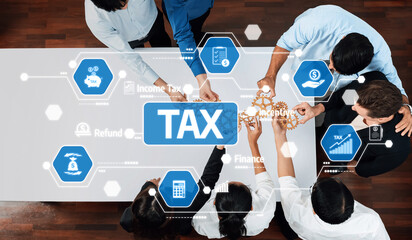 Aufkleber - A diverse business team collaborates at a meeting table, focusing on tax strategy and financial concepts, illustrated with digital graphics and data icons for effective decision-making. Amity