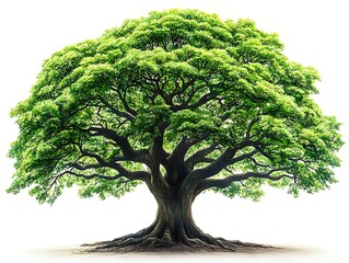 lush, large tree with sprawling branches and exposed roots against a white background