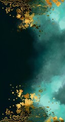 Wall Mural - a teal and black background with golden floral designs. in the lower right corner is an empty space