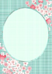 Wall Mural - card background with a light green frame, a pink cherry blossom pattern in the middle of a pale