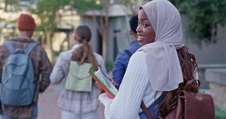 Aufkleber - Black woman, student and face for outdoor walking to class on campus, books and scholarship. Female person, portrait and textbook for education, muslim hijab and knowledge for examination in Kenya