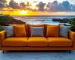 © Paypal - Orange couch overlooking a vibrant sunset ocean view