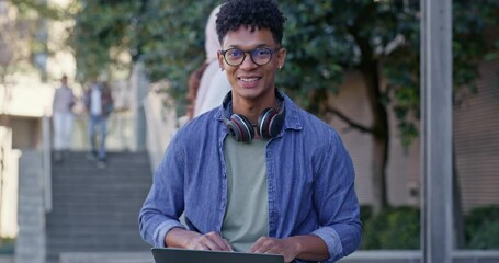 Fototapete - African man, laptop and face for outdoor studying on campus, online assignment and research for project. Person, student and website for education, portrait and knowledge for examination in Kenya