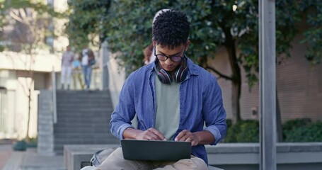 Aufkleber - Black man, laptop and face for outdoor education on campus, online assignment and research for project. Male person, student and registration on website, portrait and knowledge for exam in Kenya