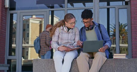 Poster - University, students and friends with laptop and notes on campus for education, knowledge or learning. College, man and woman with discussion for scholarship opportunity, lecture or class together