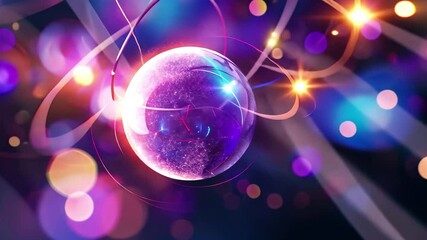 Poster - Abstract representation of atoms and particles swirling in vibrant colors with glowing effects and dynamic energy