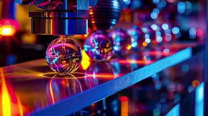 Leinwandbilder - Colorful machinery in action demonstrating precision handling of reflective spheres in a modern industrial setting lit by neon lights