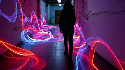 Leinwandbilder - Vibrant light trails swirl around a figure in a dark corridor creating an artistic atmosphere in an urban setting