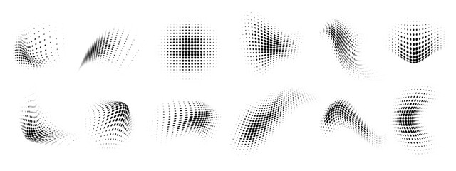 Wall Mural - Dotted shape. Abstract halftone dot pattern with wavy half tone gradient shapes, dotted texture curves and smooth dot wave elements on white background. Vector set