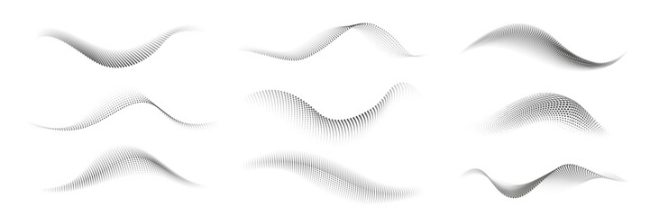 Wall Mural - Dotted halftone waves. Twisted wavy line with dotted point texture and halftone gradient wave flow. Vector set