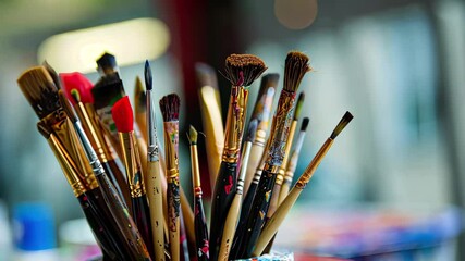 Poster - Artistic tools arranged in a colorful display showcasing various paintbrushes in a well-lit studio environment for creative projects