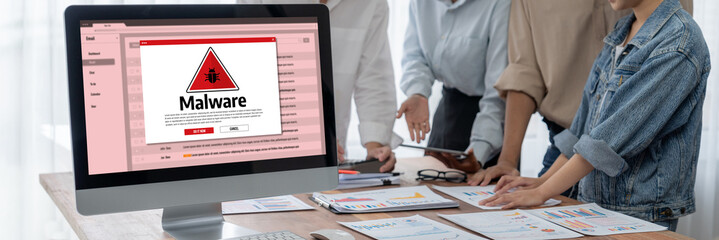 Leinwandbilder - Cyber attacking concept. Malware alert showing on computer screen display scam and threat detection on computer system or online server to be removed brisk.