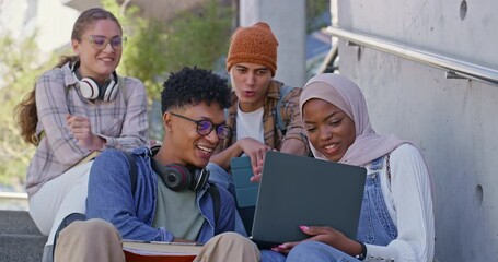 Poster - Group, steps and laptop for education, studying and friends with headphones, books and practice in campus. Outdoor, people and knowledge for test, reading and university students, smile and teamwork