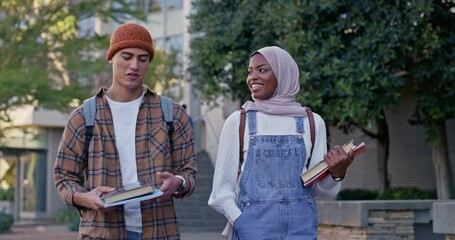 Aufkleber - Friends, talking or students walking in university or college campus for support, future or studying. Leaving, city or people with books, teamwork or diversity for school, education or scholarship