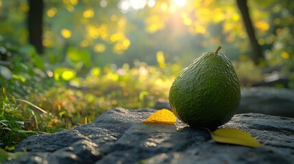 Wall Mural - Avocado rests on a rock, sunlit trees behind it