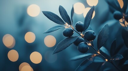 Wall Mural - Branch with olives and leaves, bokeh lights background