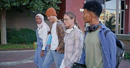 Poster - Young group, students and walking with books to class for learning, education or social chat at campus. Happy people, diversity or learners with friends for conversation or discussion at college