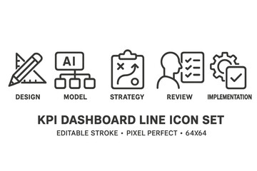 Poster - KPI dashboard line icon set featuring essential design, strategy, and implementation symbols for effective data visualization