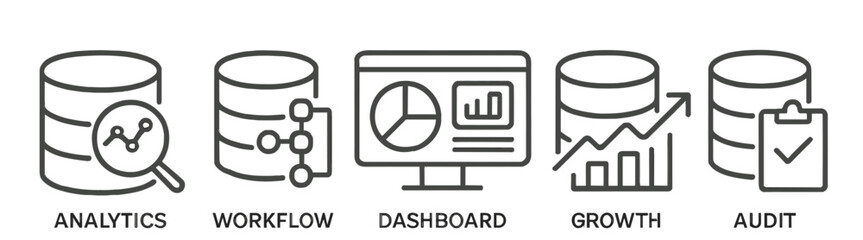 Poster - Visual representation of data management tools showcasing analytics, workflow, dashboard, growth metrics, and audit checks for businesses