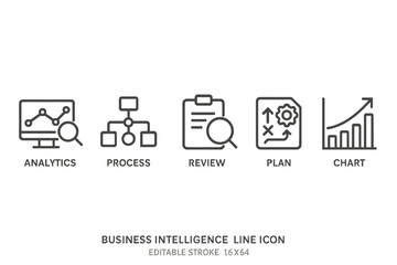 Leinwandbilder - Business intelligence icons showcasing analytics, process, review, planning, and charting in a clear design
