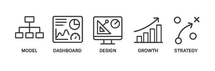 Leinwandbilder - Visual representation of modern business concepts including model, dashboard, design, growth, and strategy in a clean and minimalistic style