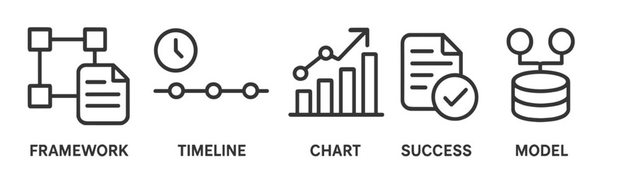 Leinwandbilder - Elements of a business success framework including timeline, chart, and model representations in a clean layout