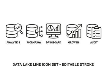 Aufkleber - Data lake line icon set featuring elements of analytics, workflow, dashboard, growth, and audit for data management