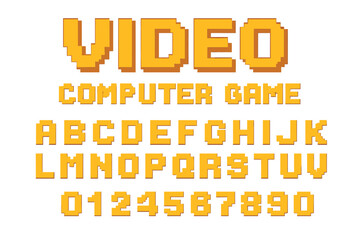 Fototapete - Colorful pixelated text featuring video and computer game elements in a bold and playful font style