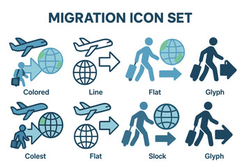 Fototapete - Migration icons in various styles illustrating travel, moving, and global connection in diverse formats