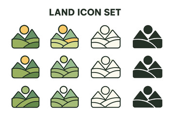 Poster - Collection of land icons featuring nature elements, mountainous shapes, and human figures in various styles and colors