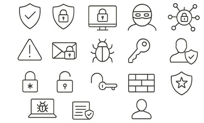 Poster - Collection of security icons representing cybersecurity concepts in a minimalist design featuring various symbols and key elements