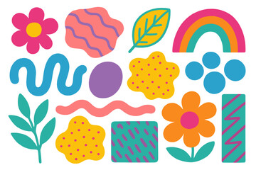Aufkleber - Colorful abstract shapes and patterns create a playful design filled with flowers, waves, and rainbows