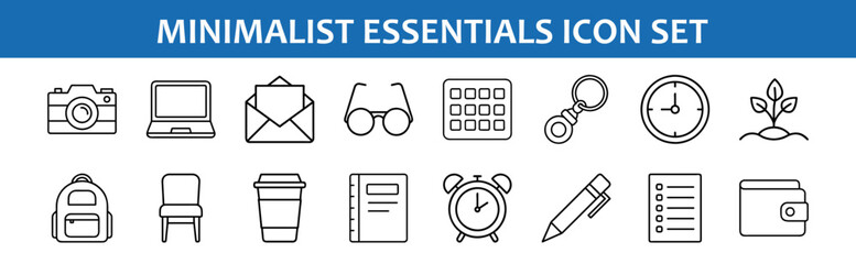 Wall Mural - minimalist essentials icon set vector illustration camera laptop envelope glasses calculator keychai