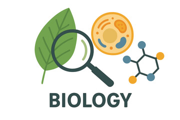 Poster - Biology concepts illustrated with magnifying glass, leaf, cell structure, and molecular model in simple design